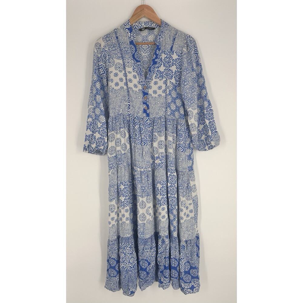 Blue White Paisley Boho Coastal Maxi Dress Zara Medium Coquette Euro Summer EUC - Picture 2 of 8
